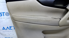 Door trim card front left Nissan Rogue 14-20 beige with beige insert plastic, armrest beige leather, molding carbon glossy, dent, scratches, whitened plastic