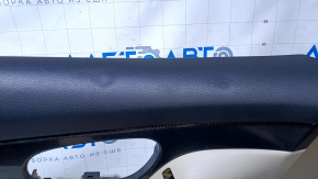 Door trim card front left Nissan Rogue 14-20 beige with beige insert plastic, armrest beige leather, molding carbon glossy, dent, scratches, whitened plastic