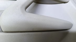 Door trim card front left Nissan Rogue 14-20 beige with beige insert plastic, armrest beige leather, molding carbon glossy, dent, scratches, whitened plastic