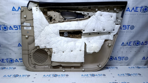 Door trim card front left Nissan Rogue 14-20 beige with beige insert plastic, armrest beige leather, molding carbon glossy, dent, scratches, whitened plastic