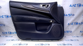 Door trim card front left Infiniti JX35 QX60 13- black with black insert leather, armrest black leather, under seat memory, molding under wood gloss, without backlight, dents, bumps, scratches