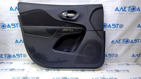 Door trim card front left Jeep Cherokee KL 14-18 black with black insert cloth, armrest black leather, molding wood color, dent, scratches, scuffs