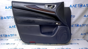Door trim card front left Infiniti JX35 QX60 13- black with black insert leather, armrest black leather, under seat memory, molding under wood gloss, dents, pokes, abrasions, scratches