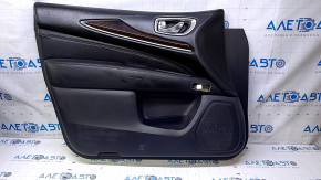 Door trim card front left Infiniti JX35 QX60 13- black with black insert leather, armrest black leather, under seat memory, molding under wood gloss, without backlight, dents, bumps, scuffed