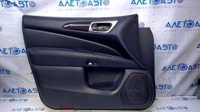 Door trim card front left Nissan Pathfinder 13-20 black with black insert leather, armrest black leather, molding under wood gloss, under seat memory, scratches, dents, bumps, abrasions