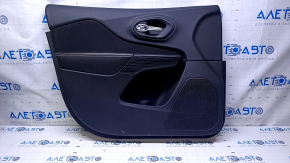Door trim card front left Jeep Cherokee KL 14-18 black with black insert cloth, armrest black leather, molding wood color, dent, abrasions, scratches, scuffs