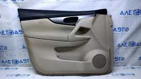 Door trim card front left Nissan Rogue 14-20 beige with beige insert plastic, armrest beige leather, molding gray structure, dent, scratches, abrasions, whitened plastic, needs cleaning, broken