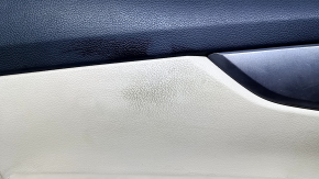 Door trim card front left Nissan Rogue 14-20 beige with beige insert plastic, armrest beige leather, molding gray structure, dent, scratches, abrasions, whitened plastic, needs cleaning, broken