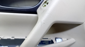 Door trim card front left Nissan Rogue 14-20 beige with beige insert plastic, armrest beige leather, molding gray structure, dent, scratches, abrasions, whitened plastic, needs cleaning, broken