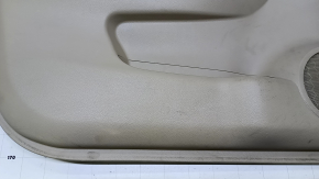 Door trim card front left Nissan Rogue 14-20 beige with beige insert plastic, armrest beige leather, molding gray structure, dent, scratches, abrasions, whitened plastic, needs cleaning, broken