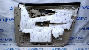 Door trim card front left Nissan Rogue 14-20 beige with beige insert plastic, armrest beige leather, molding gray structure, dent, scratches, abrasions, whitened plastic, needs cleaning, broken