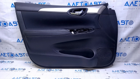 Door trim card front left Nissan Sentra 13-19 black leather, black insert cloth, armrest black leather, molding gray structure, without handle, dent