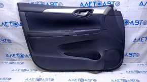 Door trim card front left Nissan Sentra 13-19 black leather, black insert cloth, armrest black leather, molding gray structure, dent, scratches, abrasions