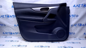 Door trim card front left Nissan Rogue 14-20 black with black insert plastic, armrest leather, molding gray structure, dents, bumps, scratches, whitened plastic
