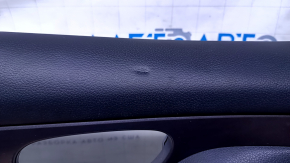 Door trim card front left Nissan Rogue 14-20 black with black insert plastic, armrest leather, molding gray structure, dents, bumps, scratches, whitened plastic