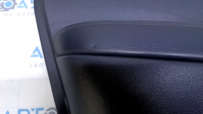 Door trim card front left Nissan Rogue 14-20 black with black insert plastic, armrest leather, molding gray structure, dents, bumps, scratches, whitened plastic