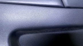 Door trim card front left Nissan Rogue 14-20 black with black insert plastic, armrest leather, molding gray structure, dents, bumps, scratches, whitened plastic