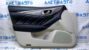 Door trim card front left Infiniti Q50 14- gray, with black leather insert, armrest black leather, molding carbon, without backlight, scratches, abrasions, dents, scuffs