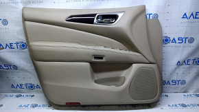 Door trim card front left Nissan Pathfinder 13-20 leather beige with beige insert, armrest beige leather, molding wood gloss, under seat memory, scratches, dents, bumps, abrasions