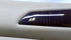 Door trim card front left Nissan Pathfinder 13-20 leather beige with beige insert, armrest beige leather, molding wood gloss, under seat memory, scratches, dents, bumps, abrasions