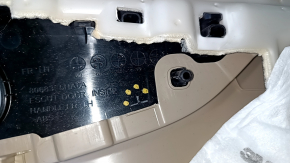 Door trim card front left Nissan Rogue 14-20 beige with beige insert plastic, armrest beige leather, molding gray structure, dent, scratches, abrasions, whitened plastic, needs cleaning, broken