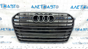 Radiator grille assembly Audi A6 C7 16-18 rest, with emblems, black gloss + chrome, for parking sensors, broken fastening, non-standard holes, sand
