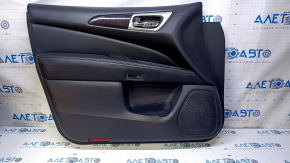 Door trim card front left Nissan Pathfinder 13-20 black with black insert leather, armrest black leather, molding under wood gloss, under seat memory, scratches, dents, bumps, abrasions