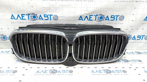 Radiator grill assembly BMW 7 G11 G12 16-19 M-Sport, with radiator deflector blinds, with motor, under camera, chrome, sand, scuffs, broken mount, non-original camera