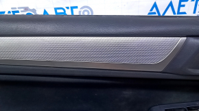 Door trim card front left Subaru Outback 15-19 black with black insert cloth, armrest black leather, gray molding structure, handle chrome, scratches, dents, scuffs, abrasions, pokes