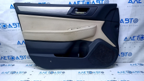 Door trim card front left Subaru Outback 15-19 black with beige insert cloth, armrest beige leather, gray molding structure, handle chrome, scratches, dent, scuff, abrasions, for dry cleaning, tre