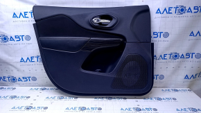 Door trim card front left Jeep Cherokee KL 14-18 black with black insert cloth, armrest black leather, molding wood color, dent, scuffs