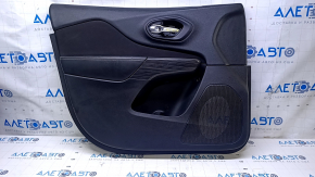 Door trim card front left Jeep Cherokee KL 14-18 black with black insert cloth, armrest black leather, molding wood color, dent, pokes, scuffs, scratches, abrasions