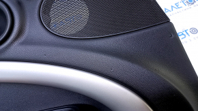 Door trim card front left Mini Cooper Countryman R60 12-16 black with black insert plastic, armrest black rubber, molding gray structure, dent, scuffs, scratches, pokes, used