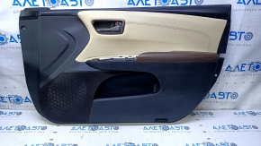 Door trim card front right Toyota Avalon 13-18 black with beige insert, armrest brown leather, no backlight, leather defect on armrest, dent, scuffs Used