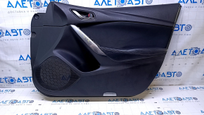 Door trim card front right Mazda 6 13-15 black with black insert cloth, armrest black leather, chrome insert, scratches, dents, abrasions