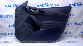 Door trim card front right Mazda 3 14-18 BM black with black insert cloth, molding black gloss, armrest black leather, dent, scratches, abrasions, crack in the body