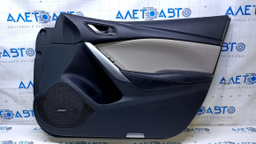 Door trim card front right Mazda 6 13-15 Touring black with beige insert leather, armrest black leather, BOSE, chrome insert, armrest dented, dent, scratches, abrasions