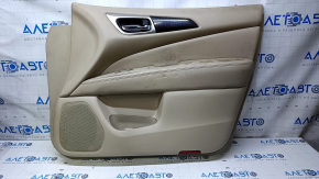 Door trim card front right Nissan Pathfinder 13-20 beige leather with beige insert leather, armrest beige leather, molding dark wood glossy, dents, scratches, abrasions, tear, for dry cleaning