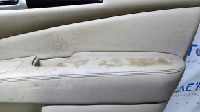 Door trim card front right Nissan Pathfinder 13-20 beige leather with beige insert leather, armrest beige leather, molding dark wood glossy, dents, scratches, abrasions, tear, for dry cleaning