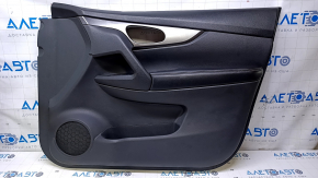 Door trim card front right Nissan Rogue 14-20 black, with black plastic insert, armrest black leather, molding graphite structure, scratches, nicks, dents, abrasions