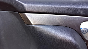 Door trim card front right Nissan Rogue 14-20 black, with black plastic insert, armrest black leather, molding graphite structure, scratches, nicks, dents, abrasions
