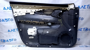 Door trim card front right Nissan Rogue 14-20 black, with black plastic insert, armrest black leather, molding graphite structure, scratches, nicks, dents, abrasions