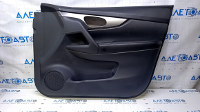 Door trim card front right Nissan Rogue 14-20 black, with black plastic insert, armrest black leather, molding graphite structure, dents, abrasions