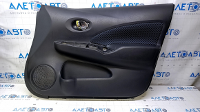 Door trim card front right Nissan Versa Note 13-19 black with black and blue insert cloth, armrest black plastic, scratches, abrasions