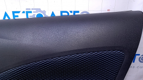 Door trim card front right Nissan Versa Note 13-19 black with black and blue insert cloth, armrest black plastic, scratches, abrasions