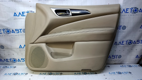 Door trim card front right Nissan Pathfinder 13-20 leather beige with beige insert leather, armrest beige leather, molding dark wood gloss, without backlight, dent, scuff, pokes, scratches, scuffed