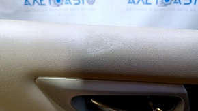 Door trim card front right Nissan Pathfinder 13-20 leather beige with beige insert leather, armrest beige leather, molding dark wood gloss, without backlight, dent, scuff, pokes, scratches, scuffed