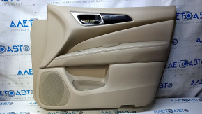 Door trim card front right Nissan Pathfinder 13-20 leather beige with beige insert leather, armrest beige leather, molding dark wood gloss, without backlight, dent, scuff, bumps, scratches