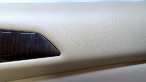 Door trim card front right Nissan Pathfinder 13-20 leather beige with beige insert leather, armrest beige leather, molding dark wood gloss, without backlight, dent, scuff, bumps, scratches