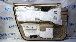 Door trim card front right Nissan Pathfinder 13-20 leather beige with beige insert leather, armrest beige leather, molding dark wood gloss, without backlight, dent, scuff, bumps, scratches